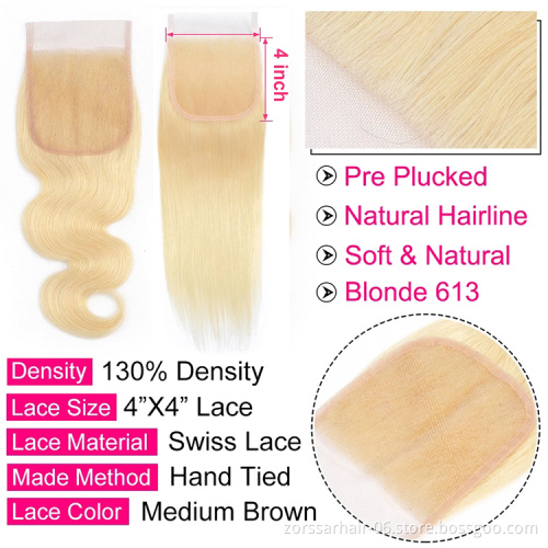 Wholesale 613 Cuticle Aligned Virgin Hair,Russian Blonde Virgin Human Hair Bundles With Closure,4x4 5x5 13x4 13x6 Lace Closure